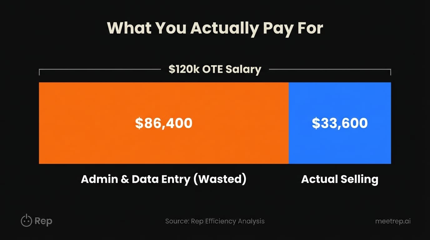 Stacked bar chart showing $86,400 of a $120k sales salary goes toward admin work, while only $33,600 goes toward actual selling.