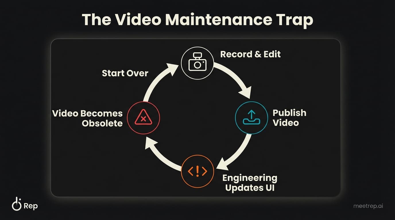 Circular diagram showing the video maintenance trap: Record, Publish, UI Update, Video Obsolete, leading back to Record.