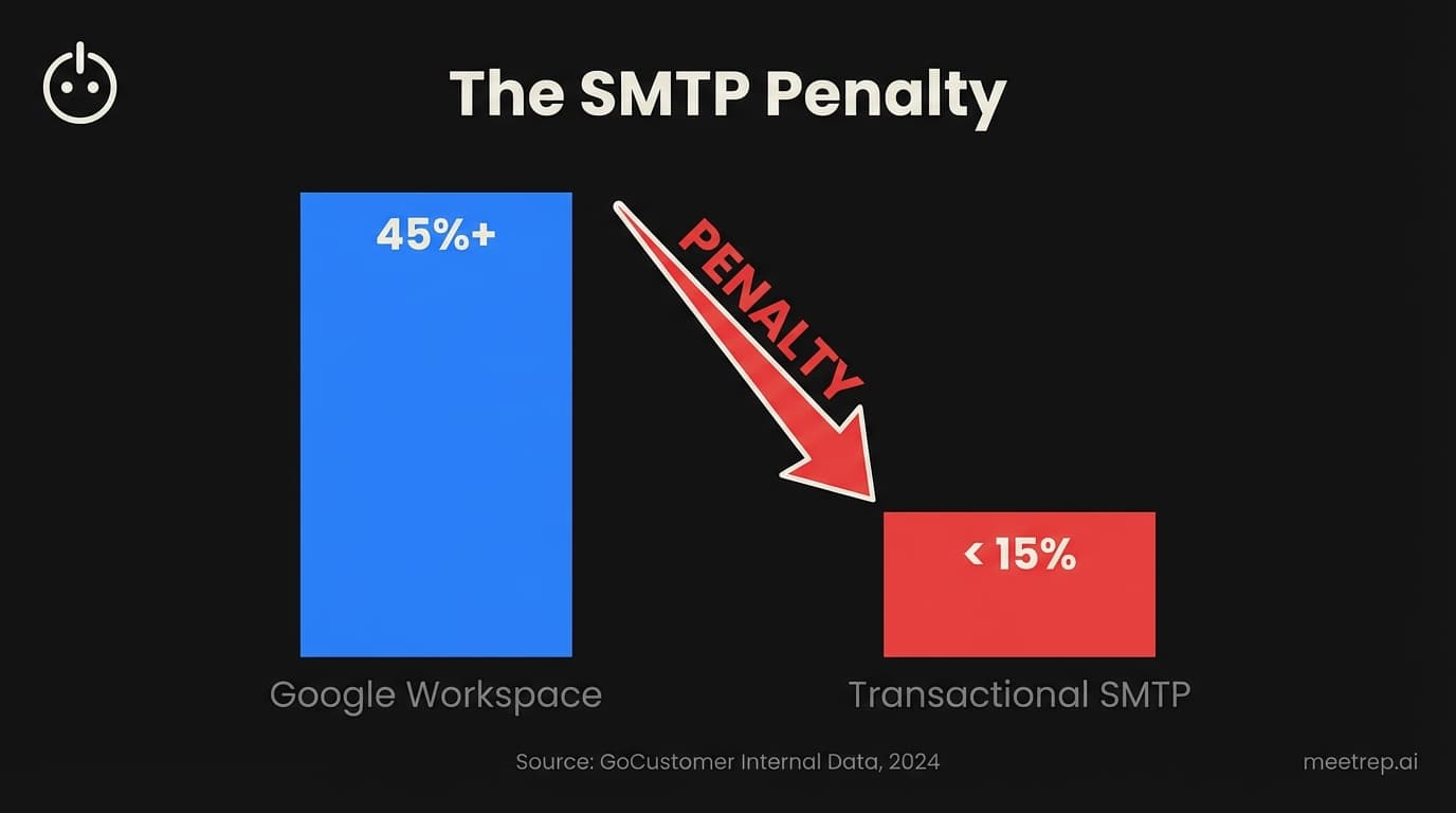 Bar chart showing cold email open rates dropping from 45% with Google Workspace to under 15% with Transactional SMTP.