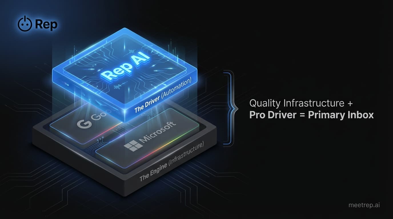 Diagram showing the cold email tech stack with Google and Microsoft as the infrastructure engine and Rep AI as the automation driver.