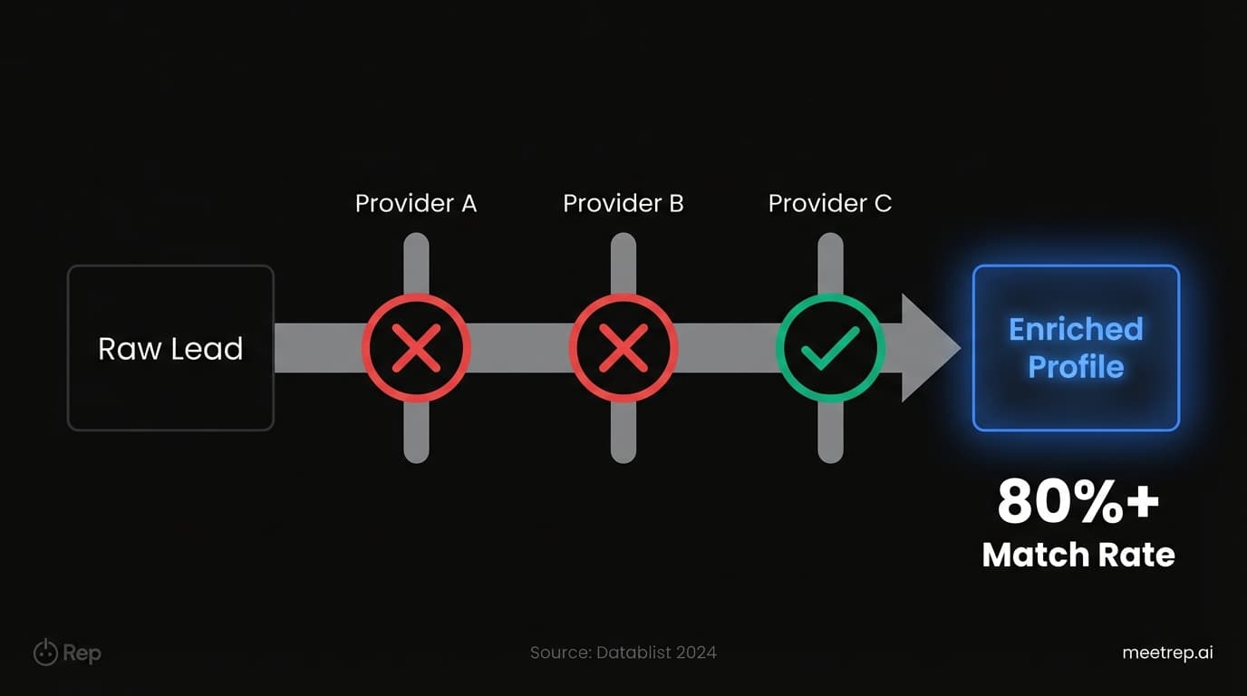 Waterfall enrichment flowchart showing a lead passing through multiple data providers until a valid email is found, resulting in 80% match rates.