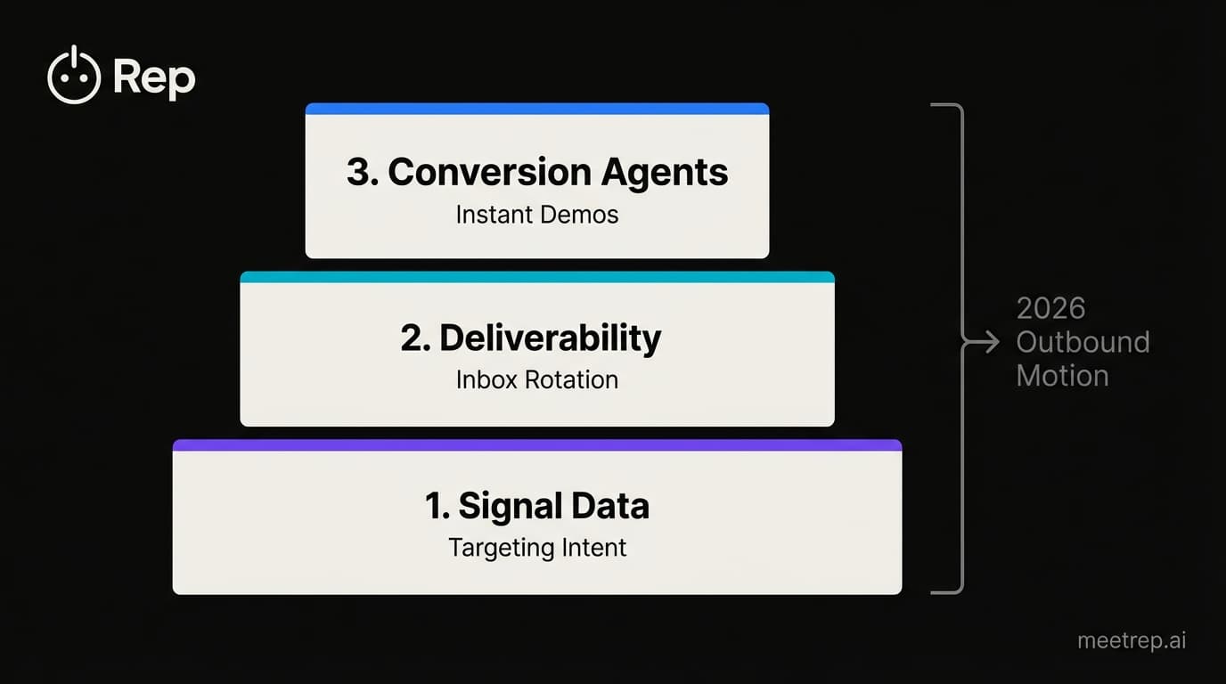 Diagram of the modern cold email software stack showing three layers: Signal Data, Deliverability, and Conversion Agents.
