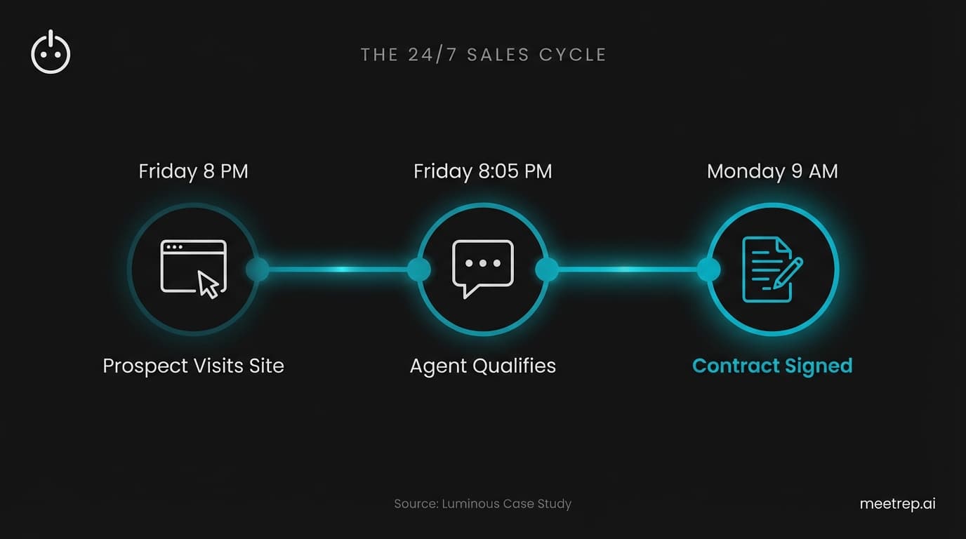 Timeline showing a sales deal starting Friday at 8 PM and closing Monday morning via AI agent automation.