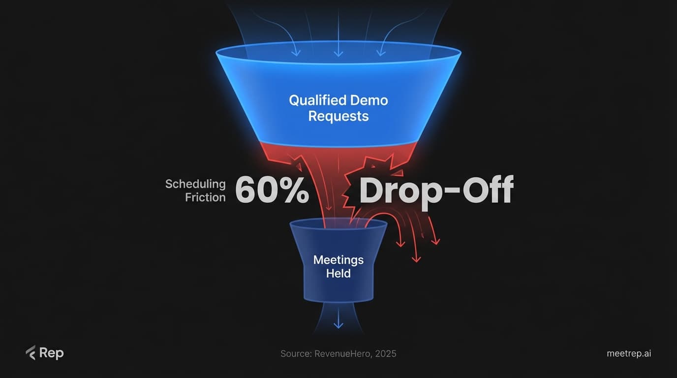 Sales funnel visualization showing a 60% drop-off between Demo Requests and Meetings Held due to scheduling friction.