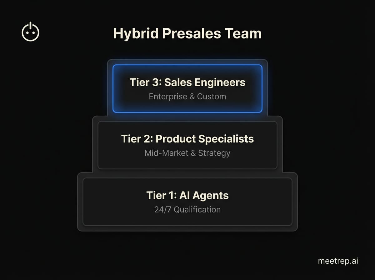 Diagram of the Hybrid Presales Team structure: Tier 1 AI Agents, Tier 2 Product Specialists, Tier 3 Sales Engineers.