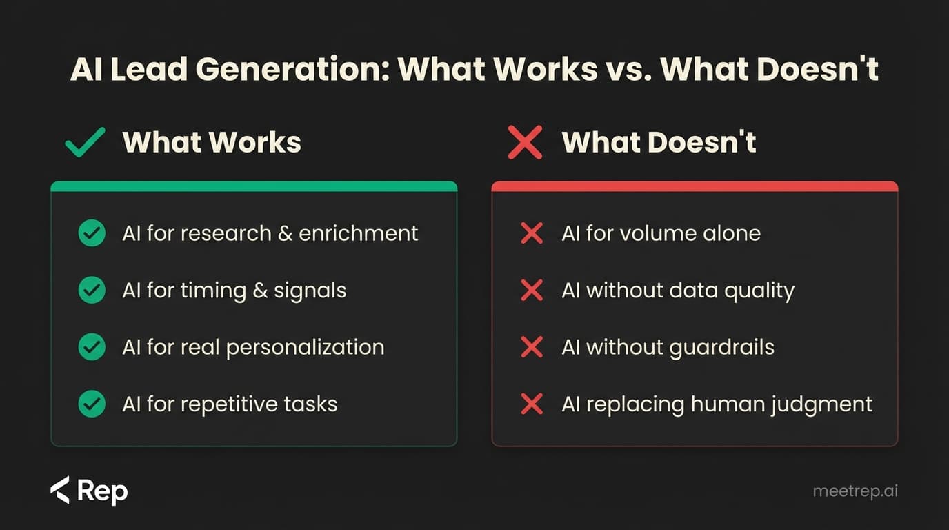 AI lead generation comparison chart showing what works including research timing and personalization versus what fails including volume alone and replacing human judgment