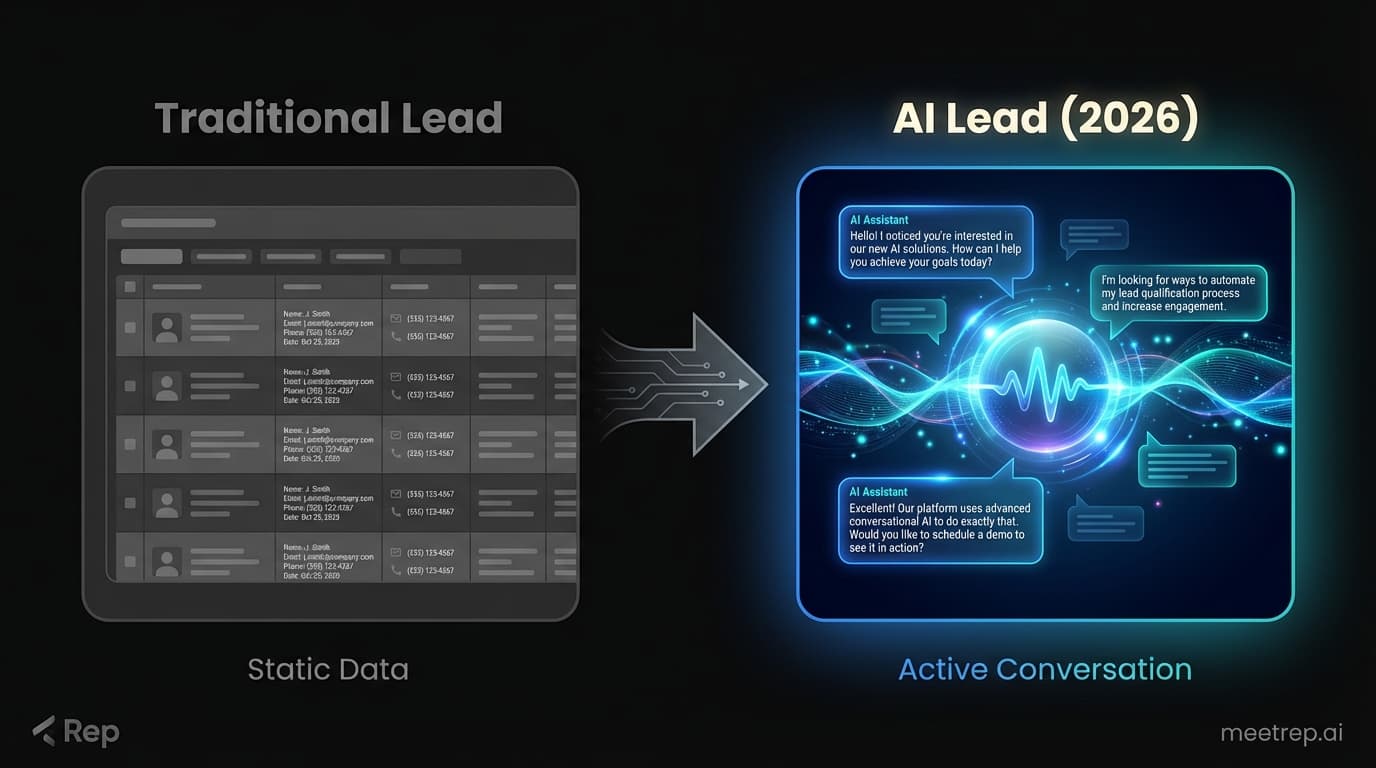 Comparison infographic showing Traditional Leads as static data versus AI Leads as active, autonomous conversations.