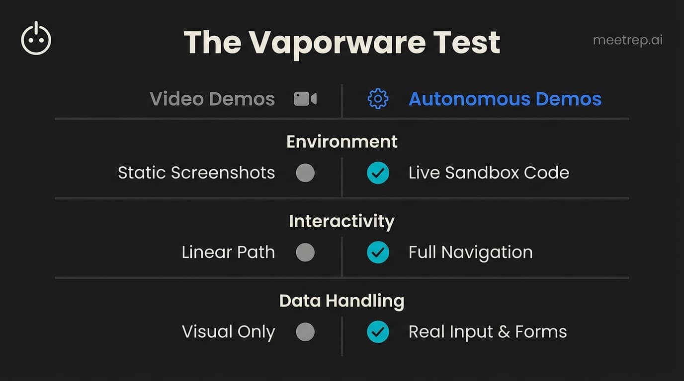 Comparison chart contrasting Video Demos (Static, Linear) against Autonomous Demos (Live Code, Full Navigation, Real Data).