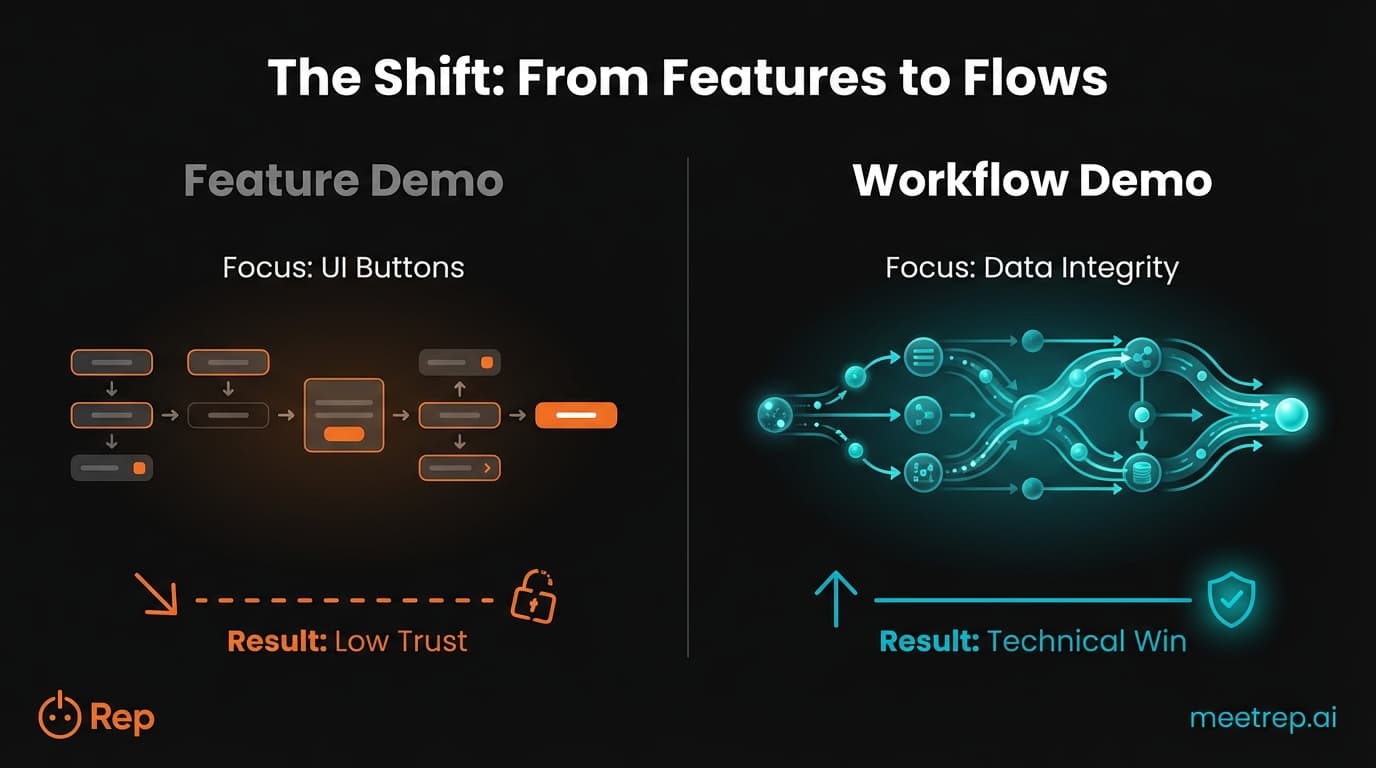Comparison chart contrasting Feature Demos which focus on UI buttons against Workflow Demos which focus on data integrity.