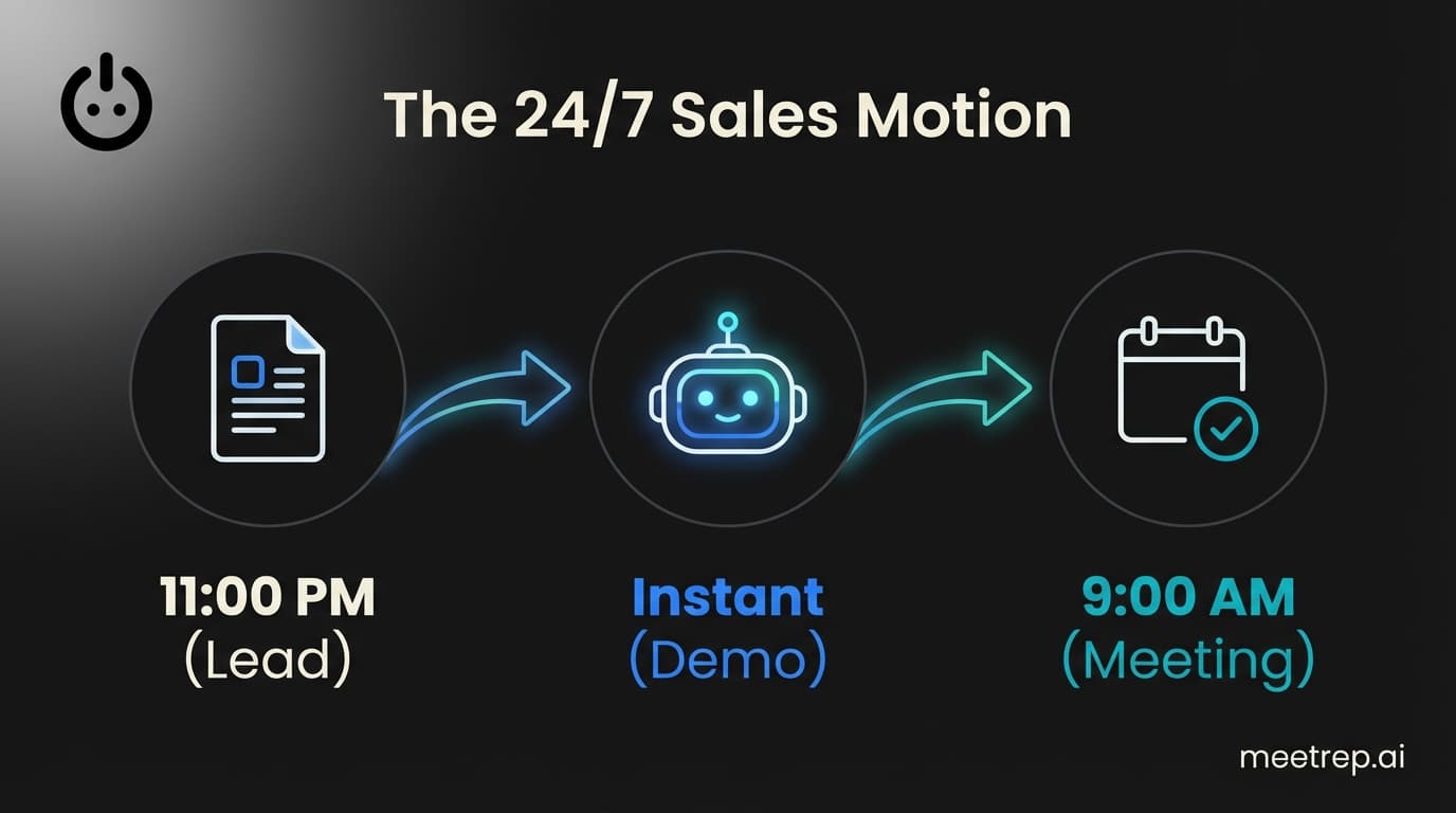 Timeline showing 24/7 sales automation: Inbound lead at 11 PM, Instant AI Agent demo, Qualified Meeting booked for 9 AM.