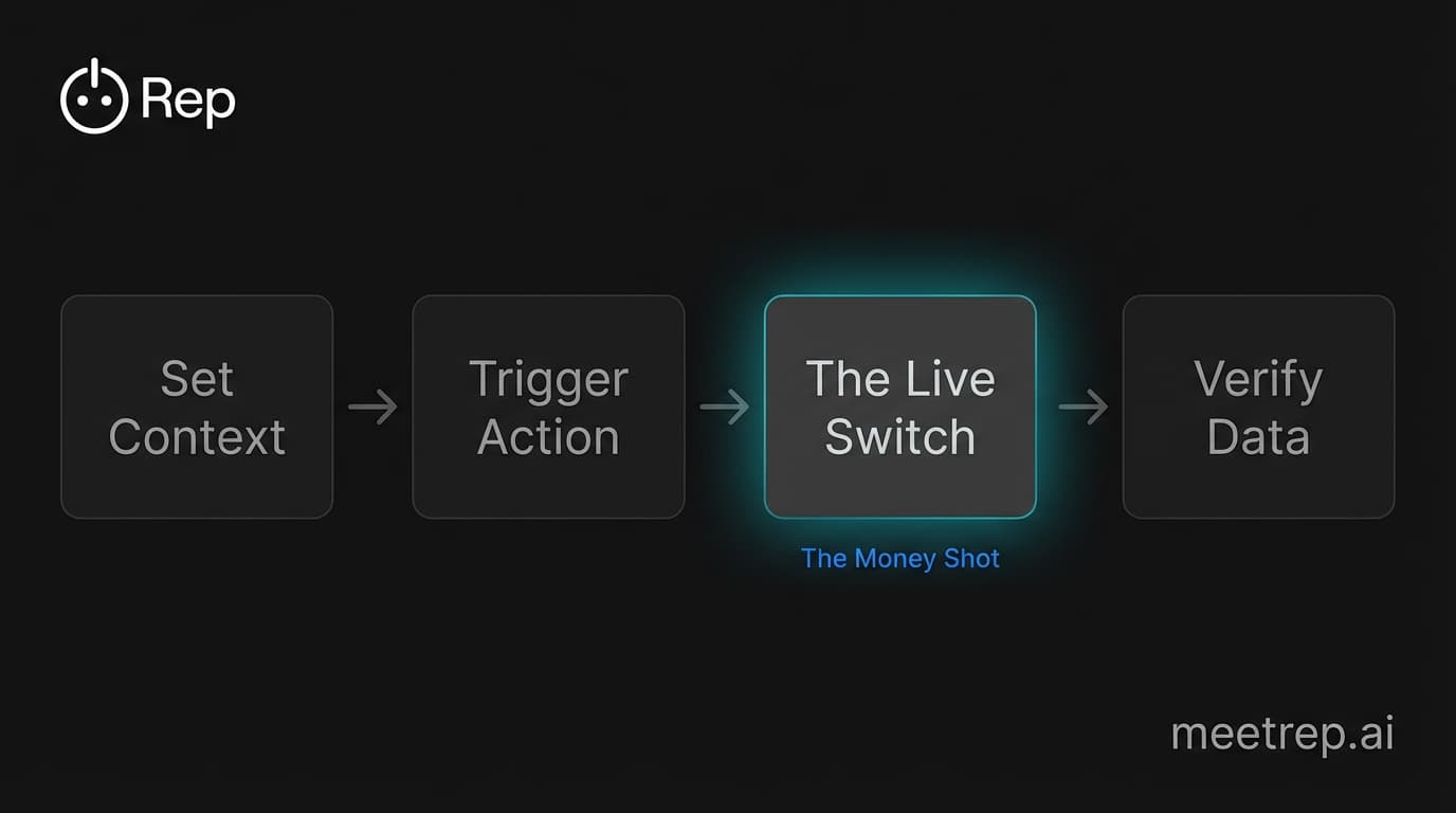 4-step process flow for integration demos: Set Context, Trigger Action, The Live Switch, and Verify Data.