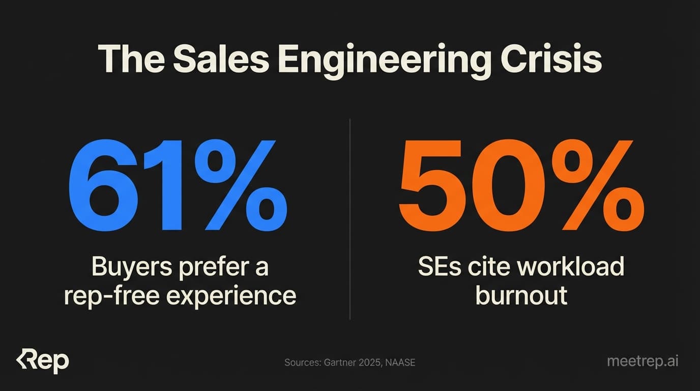 Data visualization showing 61% of buyers prefer rep-free experiences and 50% of SEs are burnt out.