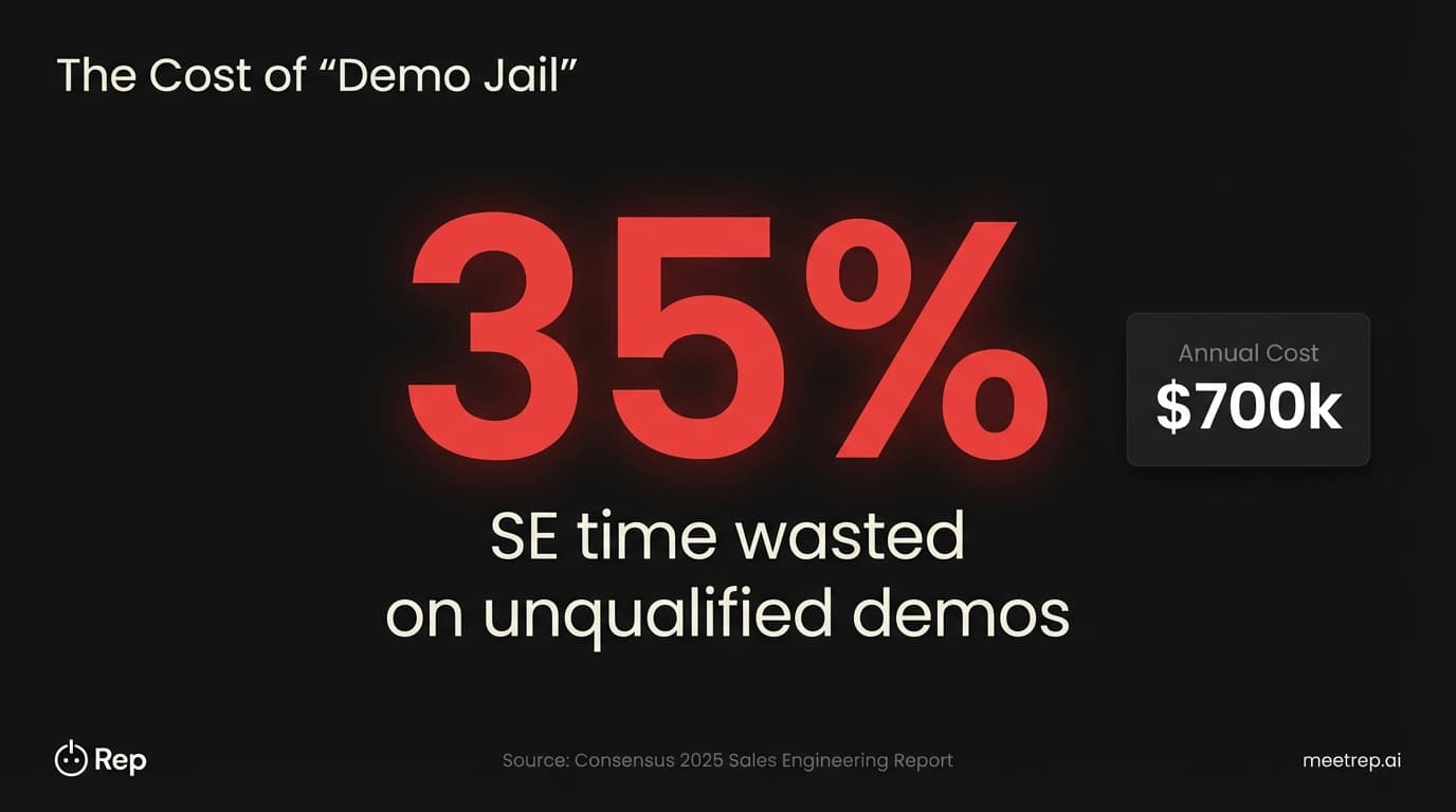 Statistic graphic showing 35% of Sales Engineer time is wasted on unqualified demos, equating to $700k in annual cost.