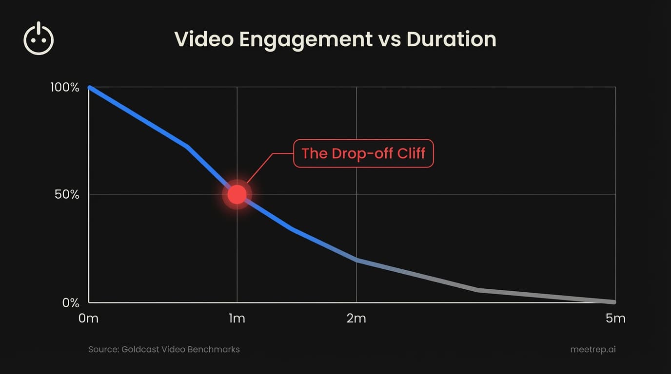Line chart showing video engagement dropping to 50% at the 1-minute mark, illustrating the importance of short demos.