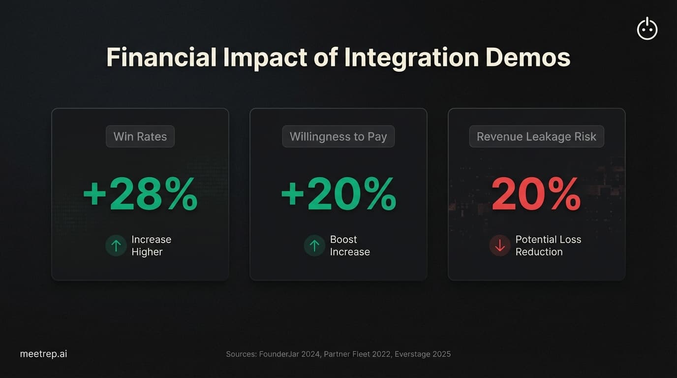 Data visualization showing 28% higher win rates, 20% higher willingness to pay, and 20% revenue leakage risk related to integrations.