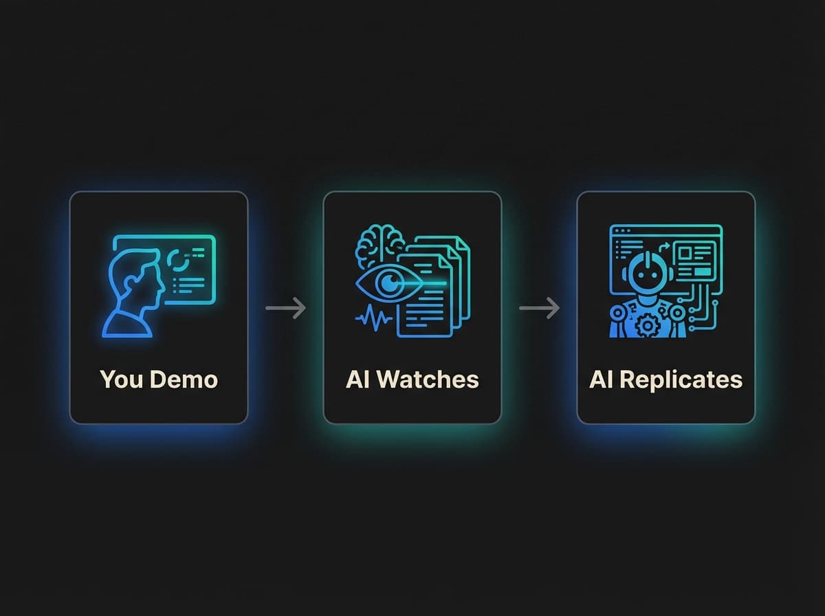 Three-step process diagram showing how Rep learns: You Demo, AI Watches, AI Replicates.