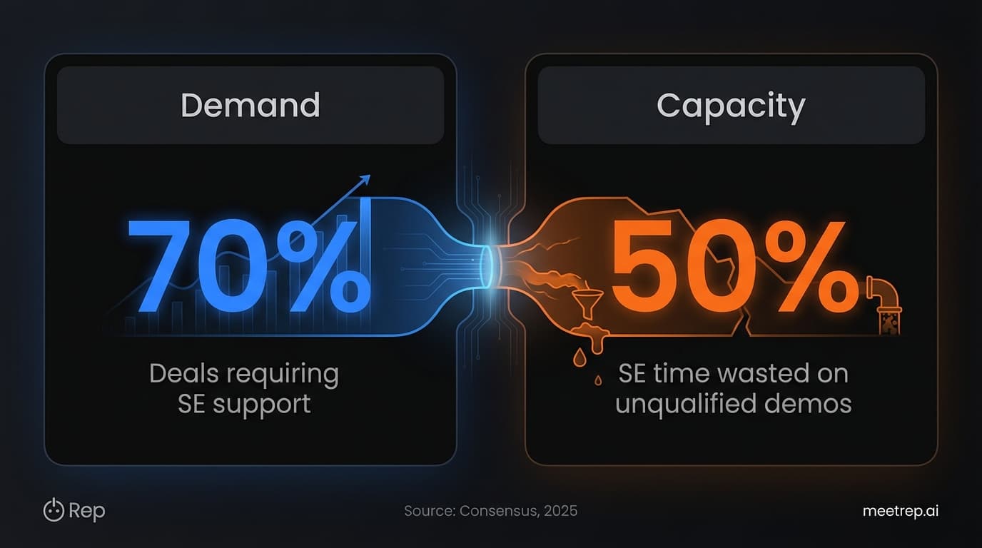 Infographic showing the presales bottleneck: 70% of deals need SEs, but 50% of SE time is wasted on unqualified demos (Consensus, 2025).