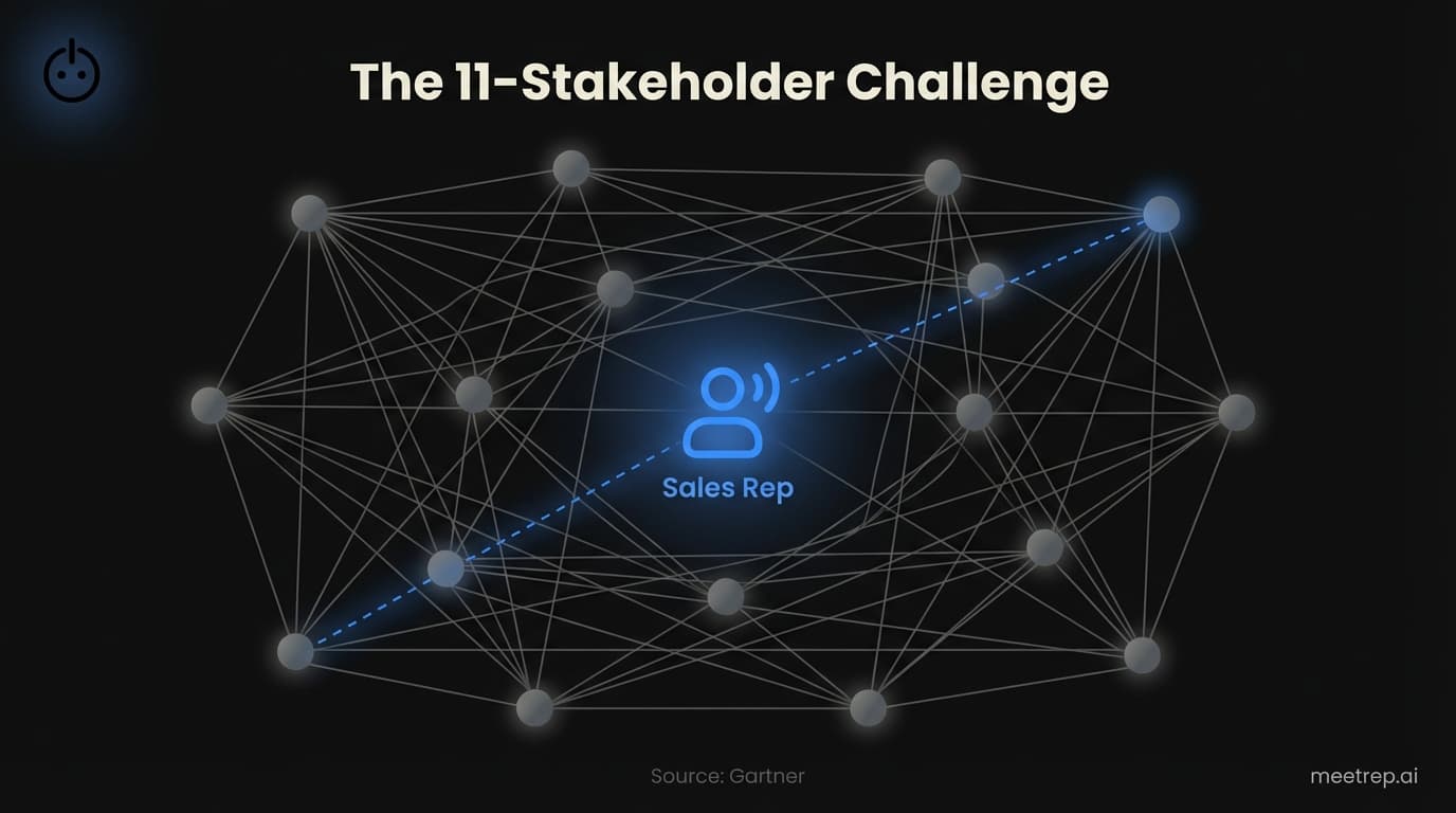 Network diagram showing a complex B2B buying group of 11 stakeholders, illustrating the difficulty for a single sales rep to schedule live demos with all of them.