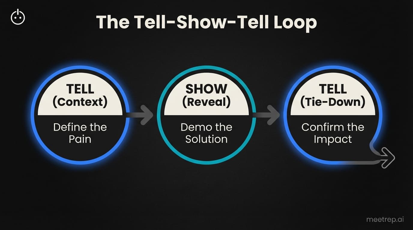 The Tell-Show-Tell demo loop diagram: Tell (Context), Show (Reveal), Tell (Tie-Down).