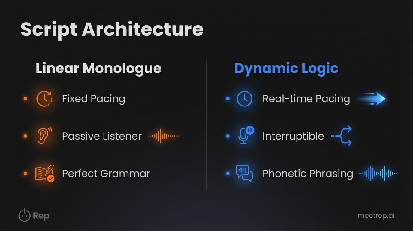Comparison chart contrasting Linear Monologue scripts with Dynamic Logic AI scripts, highlighting differences in pacing and interactivity.