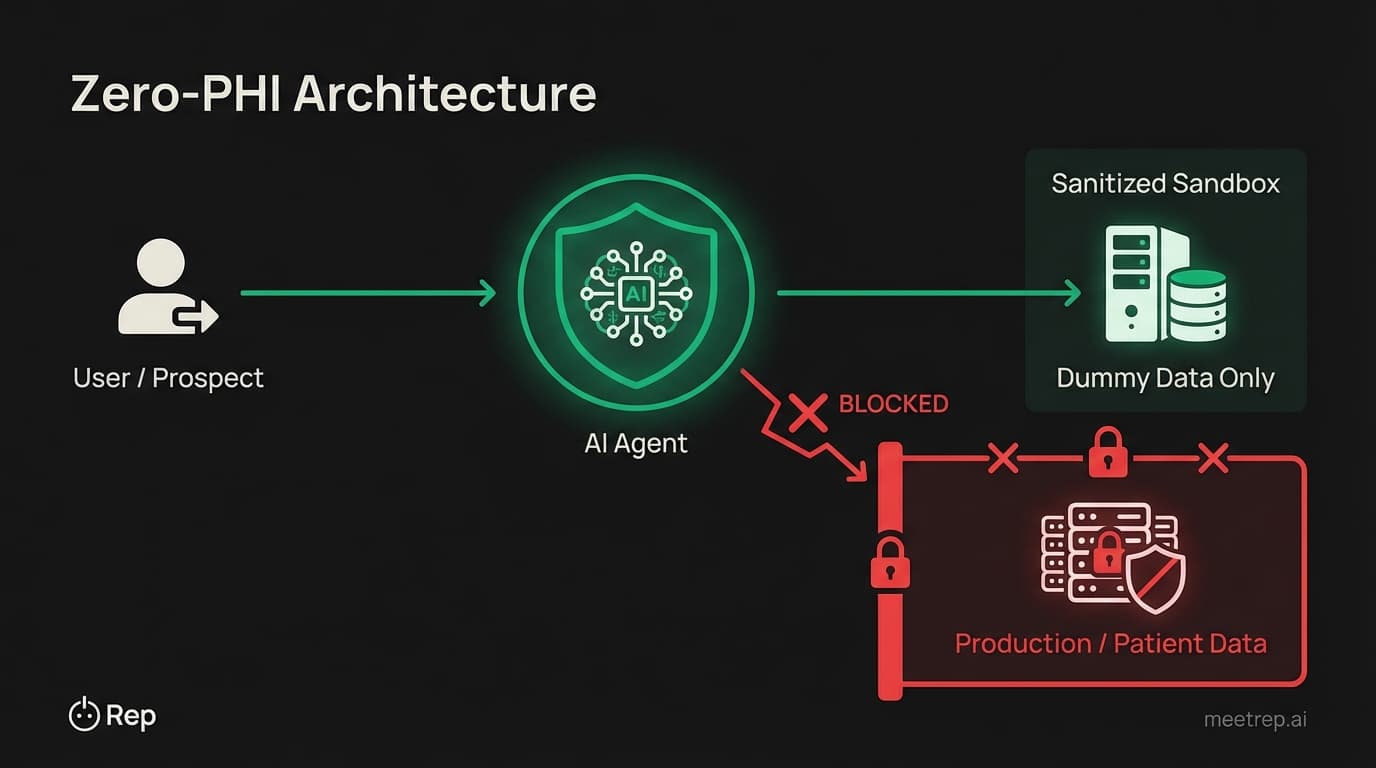 Security architecture diagram showing AI agent interacting only with a sanitized sandbox containing dummy data, with no access to production patient data.