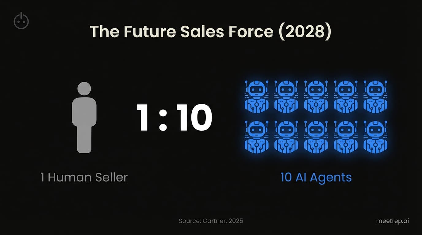Data visualization showing a 1 to 10 ratio of Human Sellers to AI Agents expected by 2028, according to Gartner.