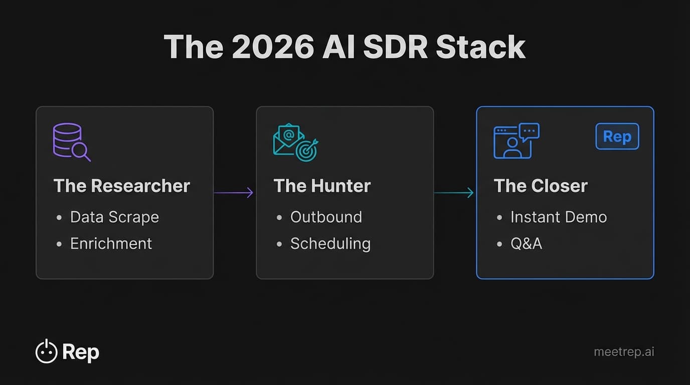 Workflow diagram of the AI SDR stack showing three steps: Researcher (data), Hunter (outbound), and Closer (instant demos via Rep).
